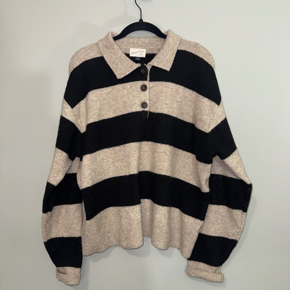 Universal Thread Womens XL Striped Polo Sweater Black Tan Long Sleeve Knit Top